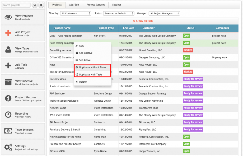 Duplicate projects and tasks - W3B Management Solutions